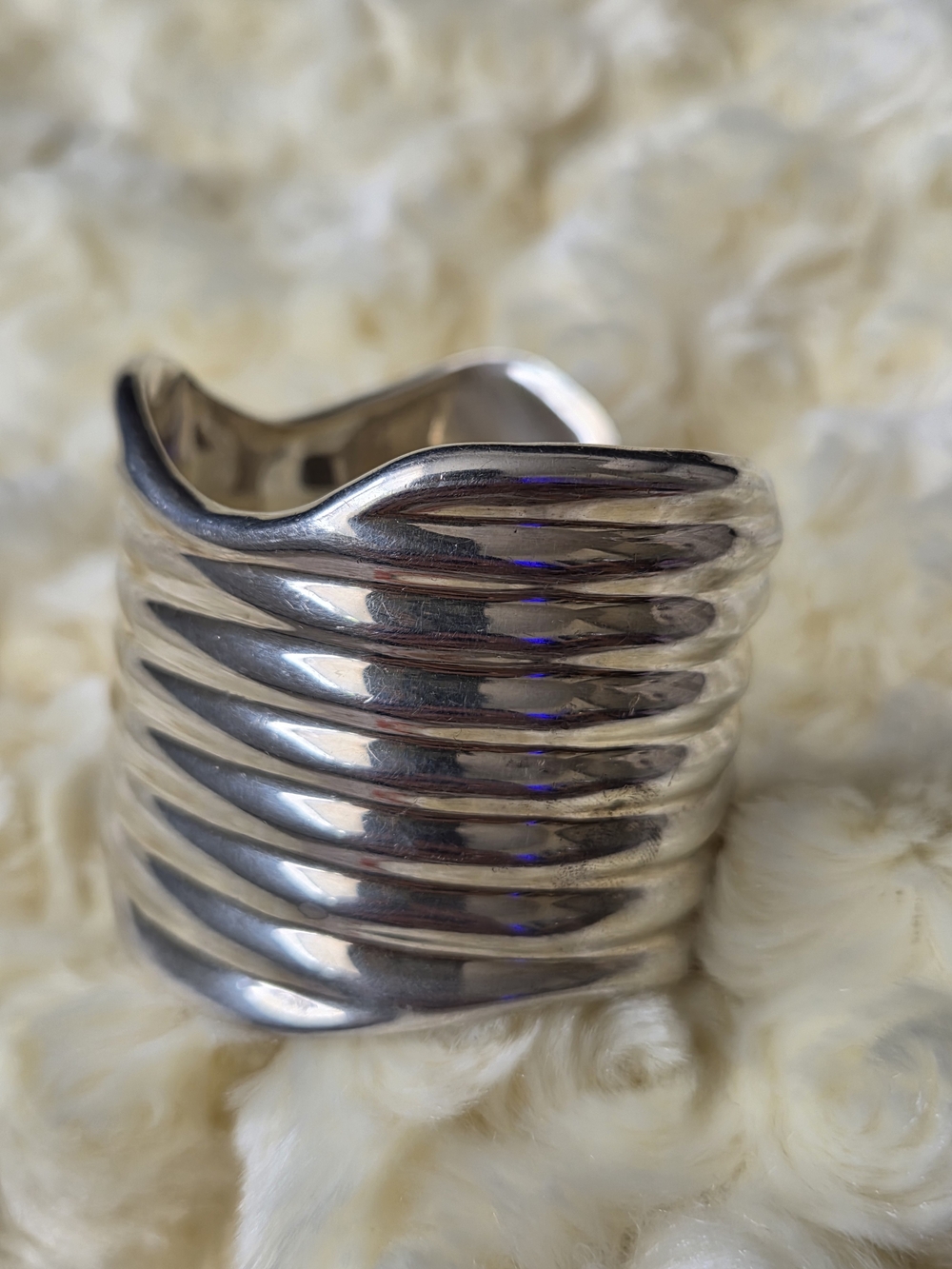 Vintage Sterling Silver Ribbed Beveled Wavy 4cm Wide Cuff Statement Bracelet 64g
